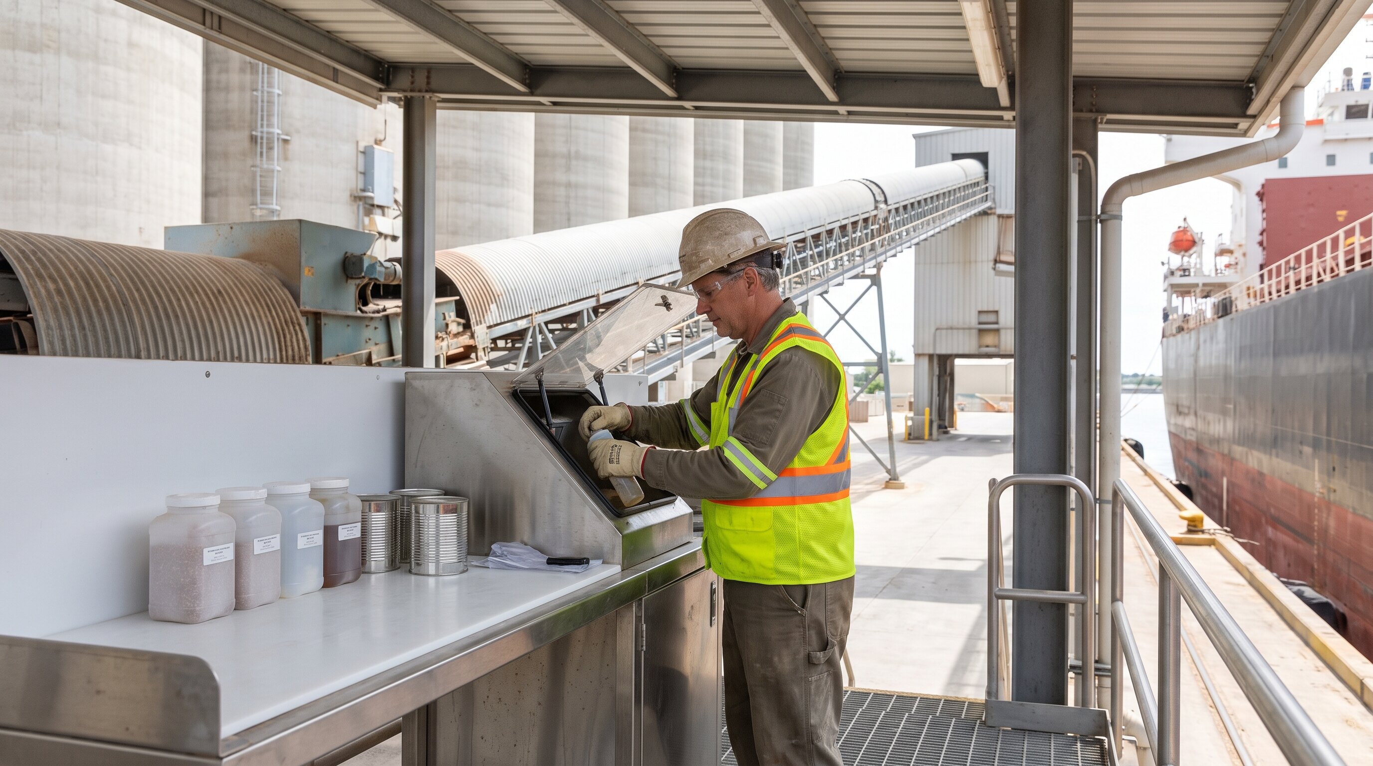Grain inspector sampling cargo at a bulk terminal